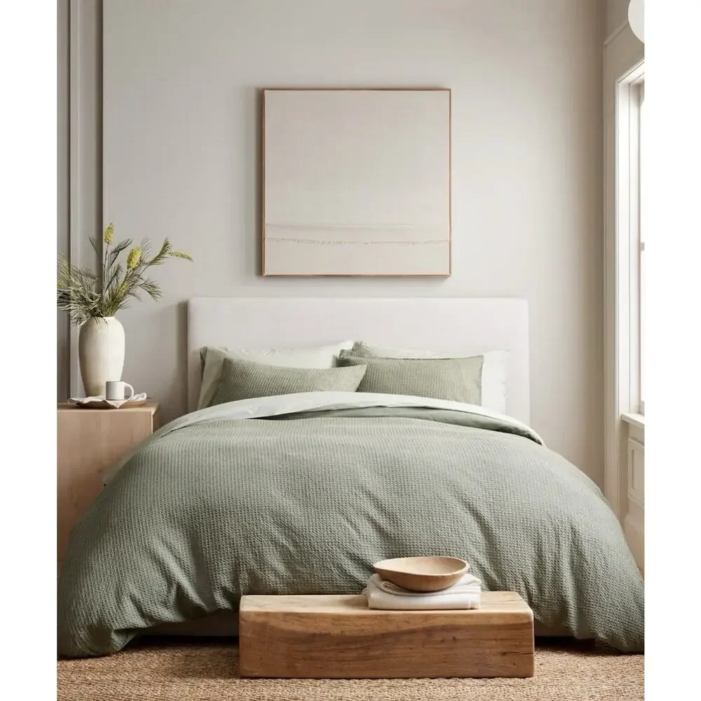 NWOT Quince Organic Luxe Honeycomb Duvet Cover Set Full/Queen Olive